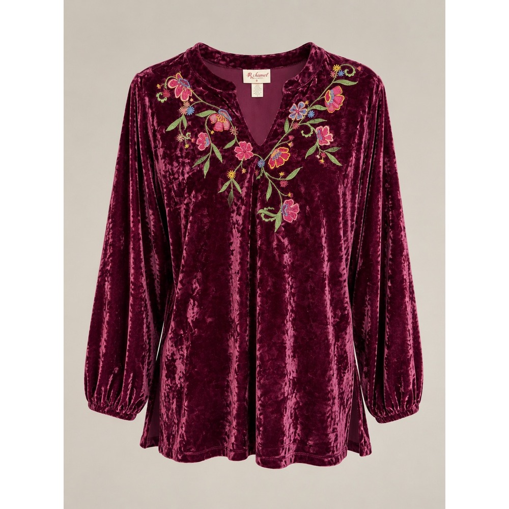 Belle Boho Women Top 2X Wine Crushed Velvet Floral Embroidered Split Neck Blouse